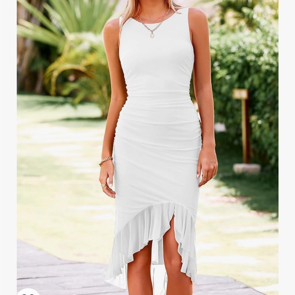 White Sleeveless Bodycon Ruffle Midi Dress